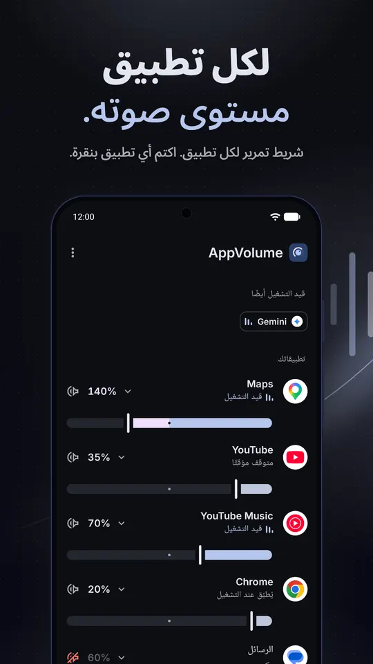 خلاط AppVolume مع منزلق لكل من Maps وYouTube وYouTube Music وChrome وMessages، كل منها بمستواه الخاص، وMessages مكتوم