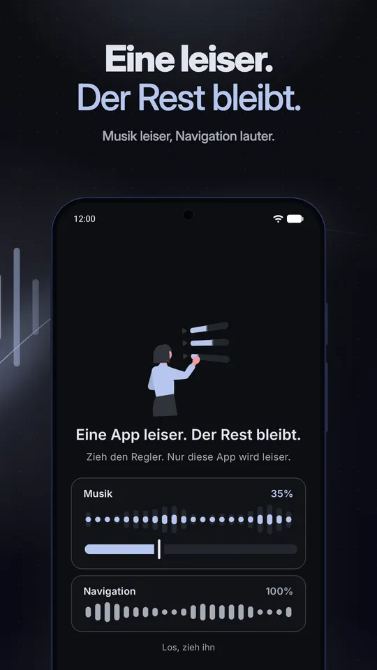 Eine Demo, bei der die Musik auf 35 % gesenkt ist, während die Navigation bei 100 % bleibt