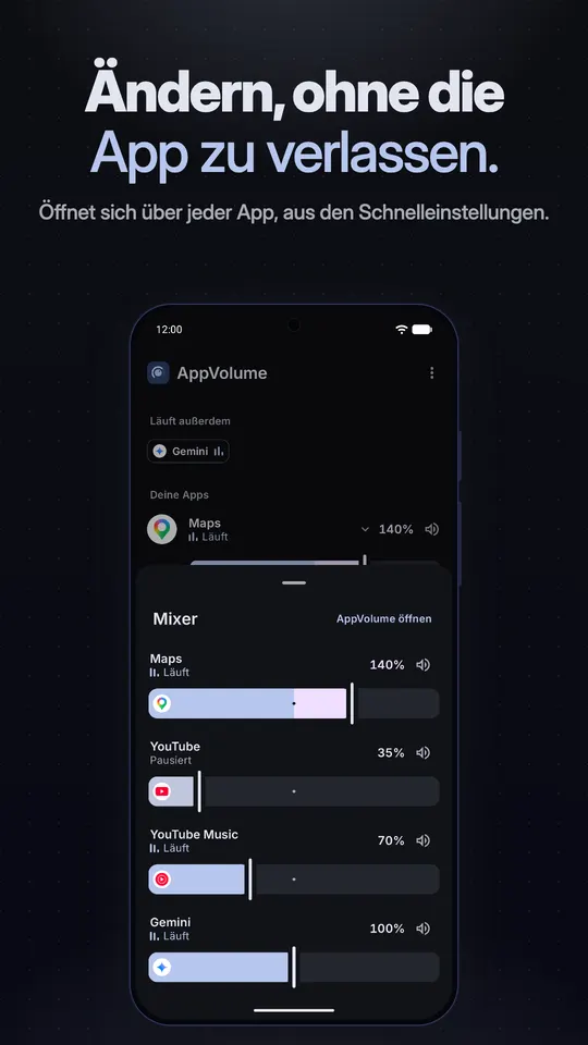 Der schnelle Mixer, geöffnet aus den Schnelleinstellungen, mit Reglern für die Apps, die gerade spielen