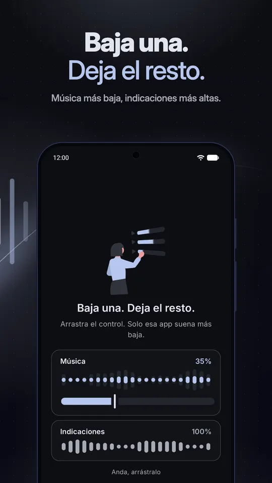 Una demo con la música bajada al 35 % mientras las indicaciones siguen al 100 %