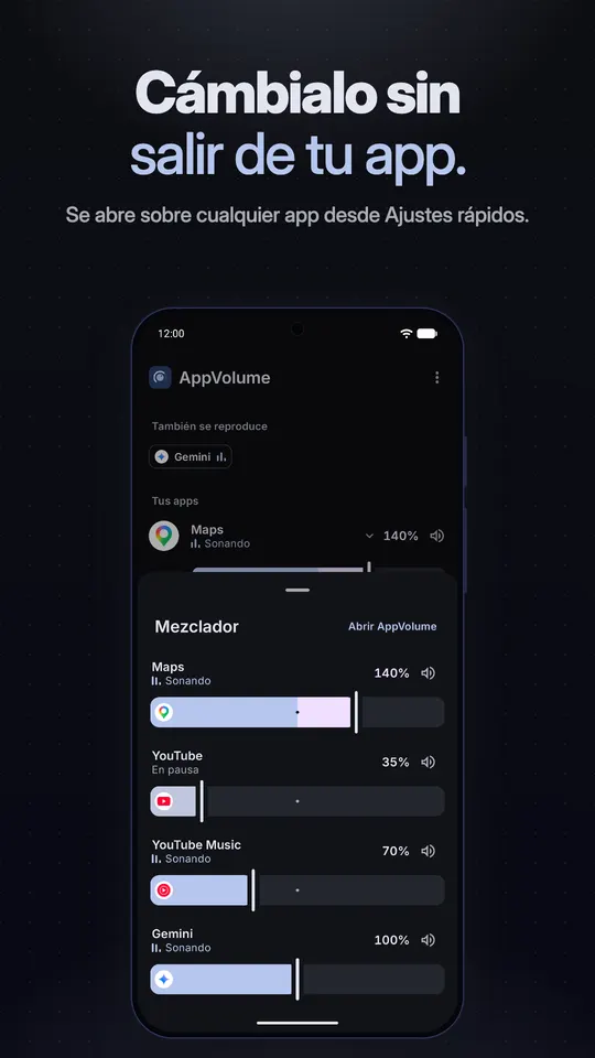 El mezclador rápido abierto desde Ajustes rápidos, con controles para las apps que están sonando