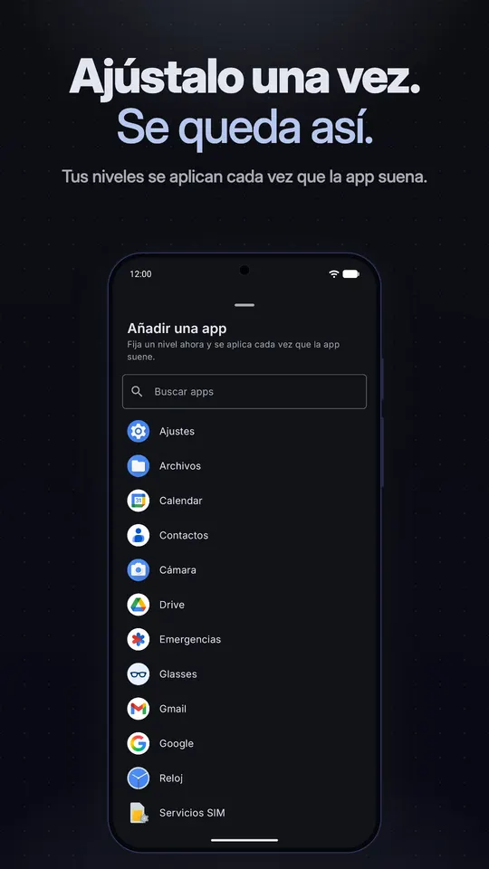 La lista Añadir una app, donde fijas un nivel ahora y se aplica cada vez que esa app suena