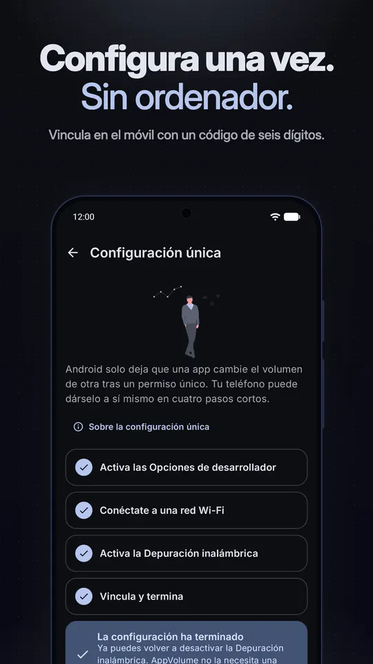 La pantalla de configuración única con cuatro pasos completados: Opciones para desarrolladores, Wi-Fi, Depuración inalámbrica, y vincular y terminar