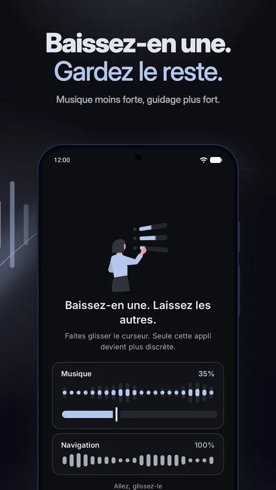 Une démo avec la musique baissée à 35 % pendant que la navigation reste à 100 %