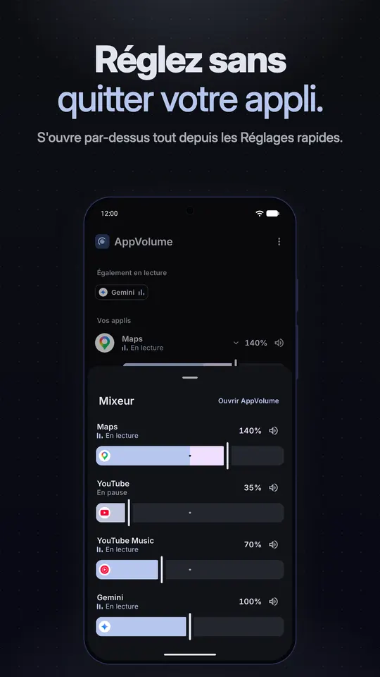 Le mixeur rapide ouvert depuis les paramètres rapides, avec des curseurs pour les applis en lecture