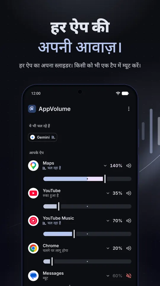 AppVolume मिक्सर, Maps, YouTube, YouTube Music, Chrome और Messages के स्लाइडर, हर एक अपने स्तर पर, Messages म्यूट