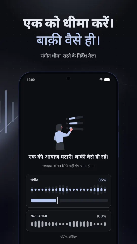 एक डेमो, जिसमें Music को 35% पर घटाया गया है और Directions 100% पर है