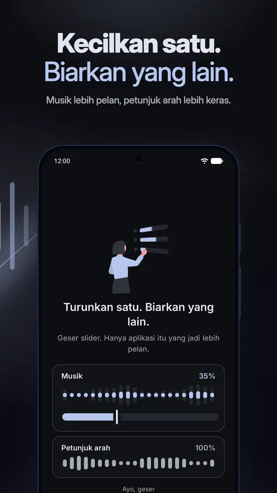 Demo dengan Musik dikecilkan ke 35% sementara Petunjuk Arah tetap di 100%