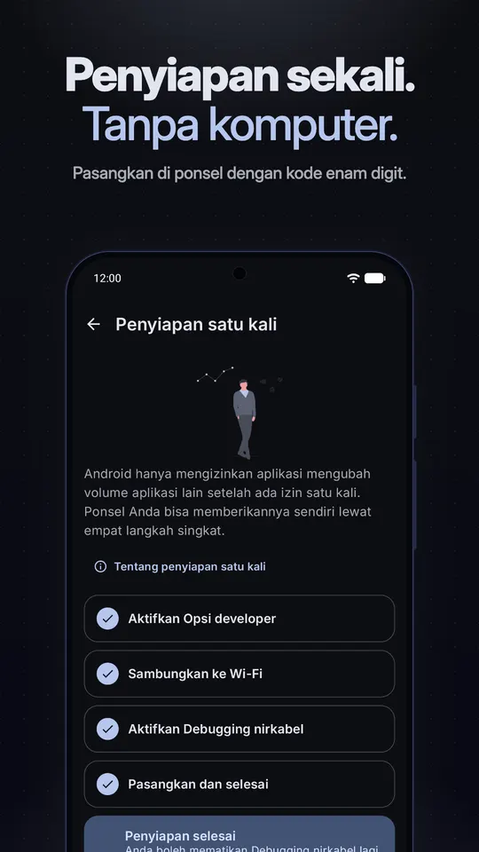 Layar penyiapan satu kali dengan empat langkah selesai: Opsi developer, Wi-Fi, Debugging nirkabel, serta sambungkan dan selesai