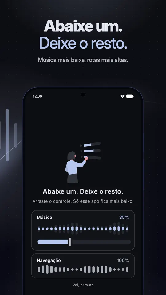 Uma demonstração com a Música abaixada para 35% enquanto a Navegação continua em 100%