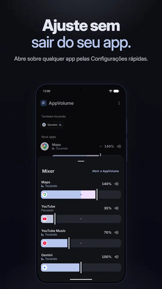 O painel do mixer rápido aberto pelas Configurações rápidas, com controles para os apps que estão tocando