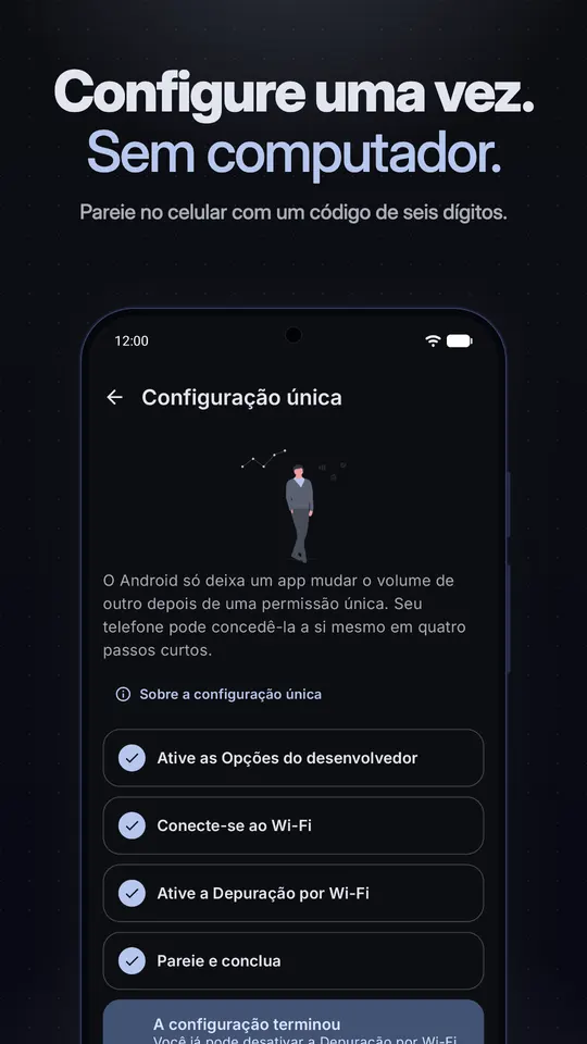 A tela de configuração única com quatro passos concluídos: Opções do desenvolvedor, Wi-Fi, Depuração por Wi-Fi, e parear e concluir