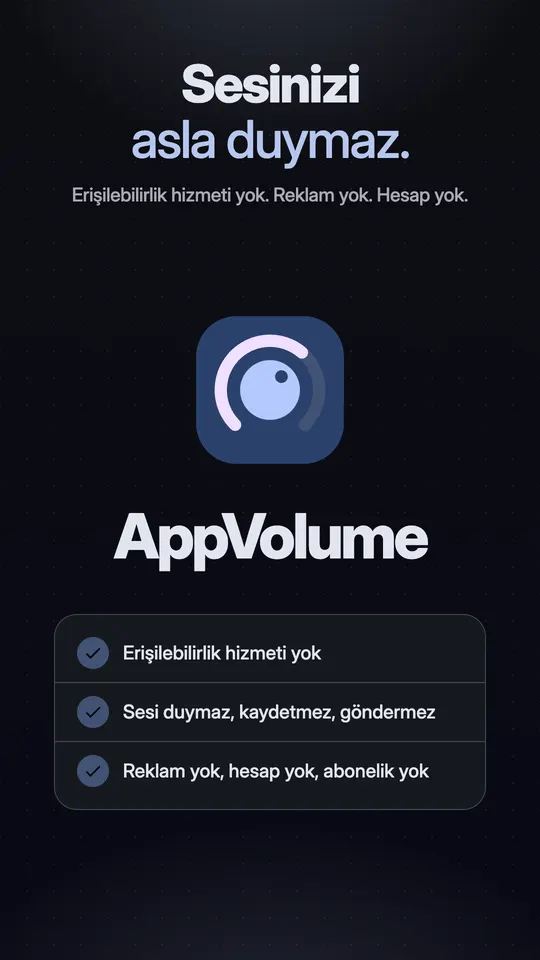 Üç onay işaretiyle AppVolume simgesi: erişilebilirlik hizmeti yok, sesi asla duymaz, kaydetmez ya da göndermez, reklam, hesap ve abonelik yok