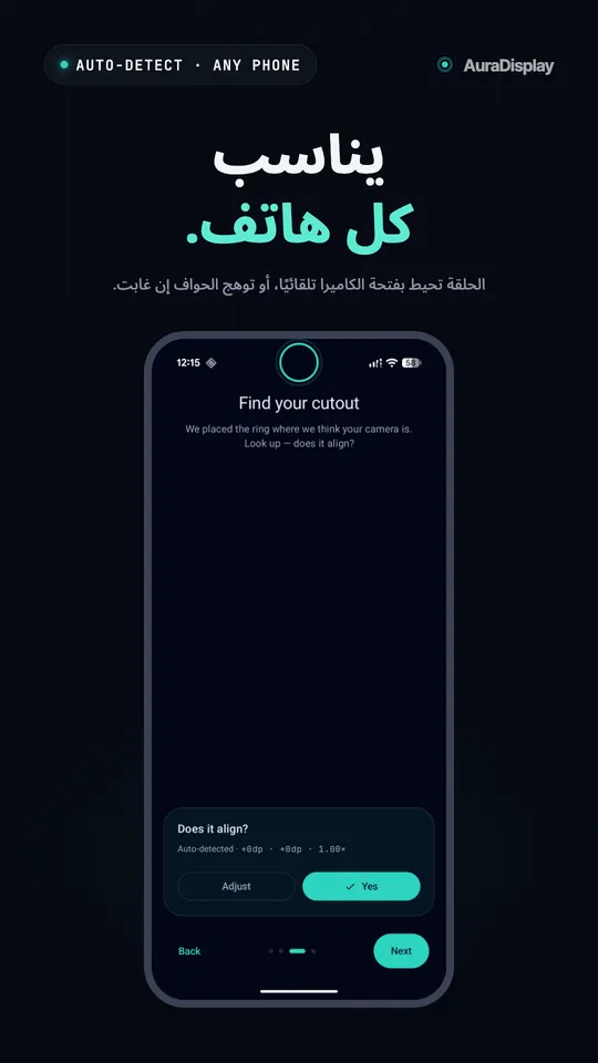 شاشة الإعداد تسأل هل تحاذي الحلقة فتحة الكاميرا، مع زري ضبط ونعم
