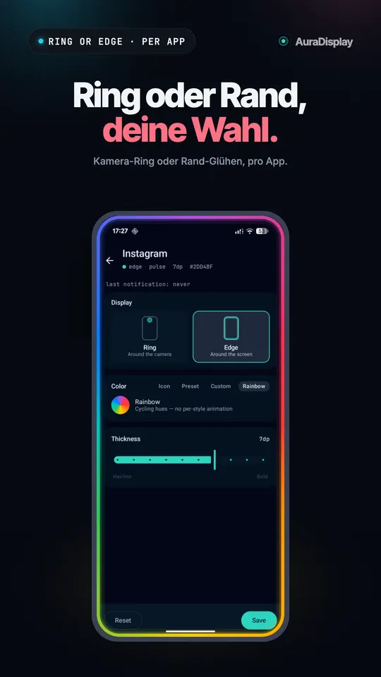 Instagram-Einstellungen mit Rand statt Ring gewählt, einem Regenbogen-Leuchten am Bildschirmrand und einem Regler für die Dicke