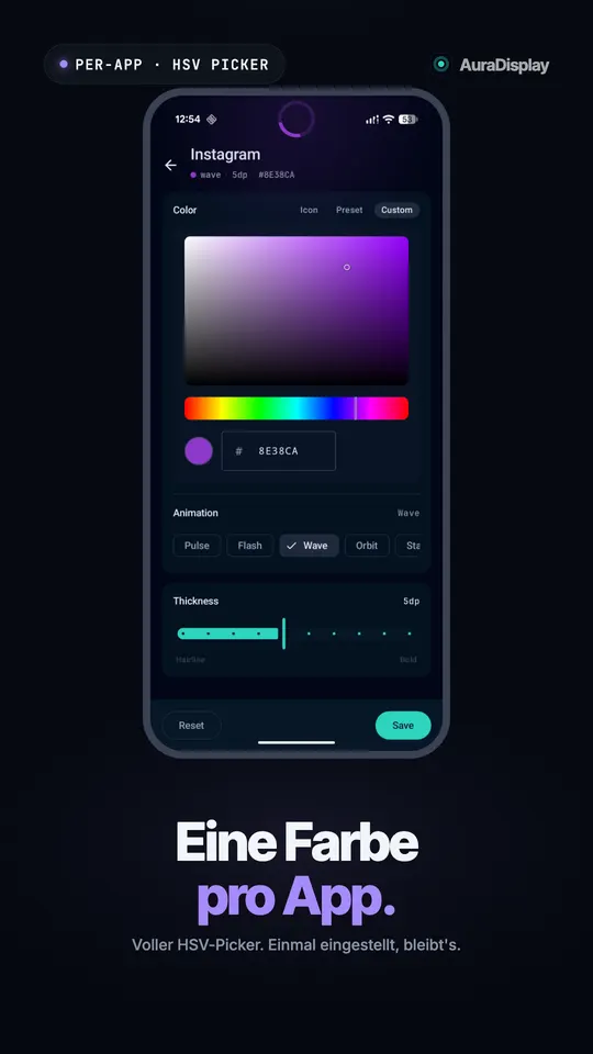 Eigener Farbwähler für Instagram mit einem Lilaton und der gewählten Wave-Animation