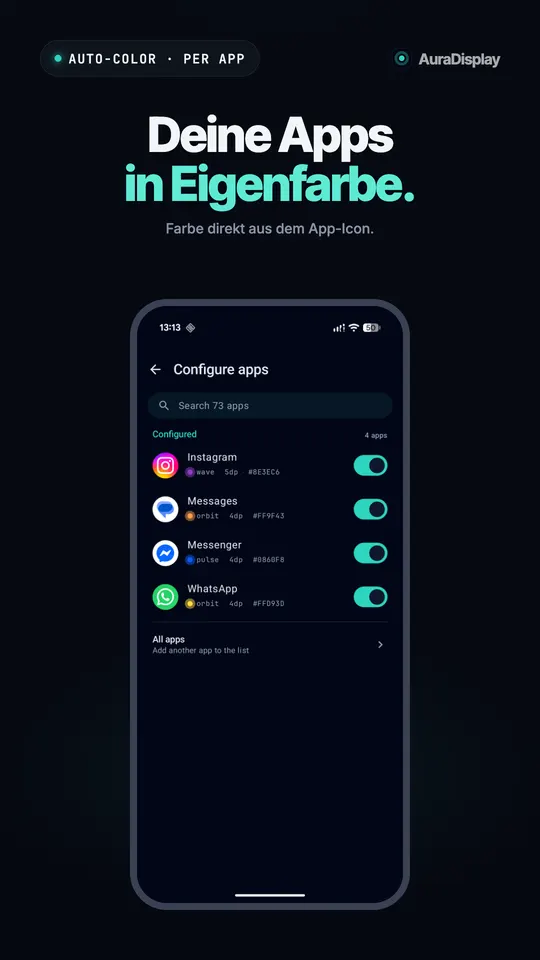 Liste der Apps mit eingeschaltetem Instagram, Nachrichten, Messenger und WhatsApp, jeweils mit eigener Farbe und Animation