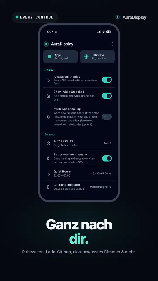Startbildschirm von AuraDisplay mit Einstellungen für Always On Display, mehrere Apps, Auto-Aus, Ruhezeiten und Ladeanzeige