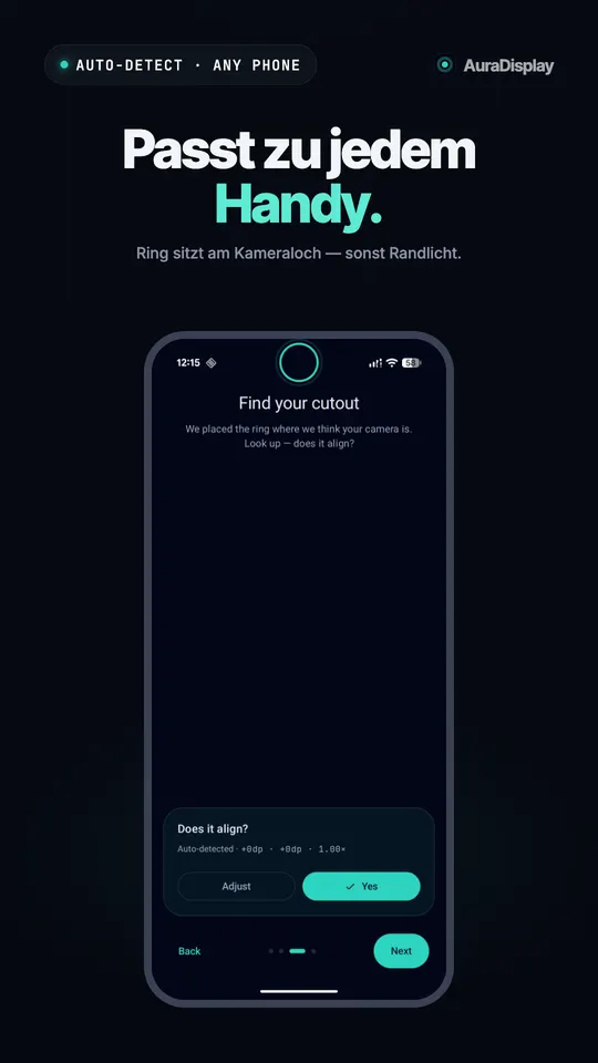 Einrichtungsbildschirm mit der Frage, ob der Ring zum Kameraloch passt, und den Schaltflächen Anpassen und Ja