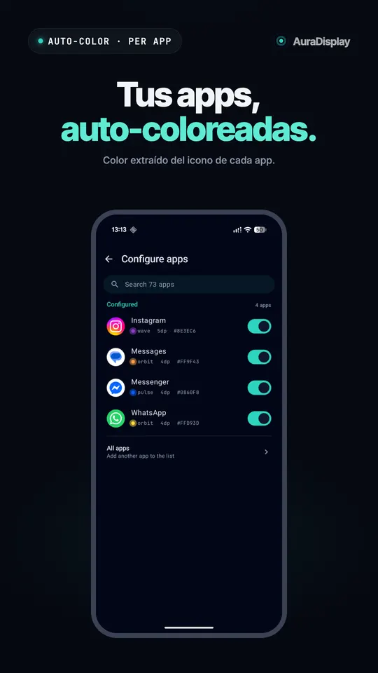 Lista de apps configuradas con Instagram, Mensajes, Messenger y WhatsApp activadas, cada una con su color y su animación