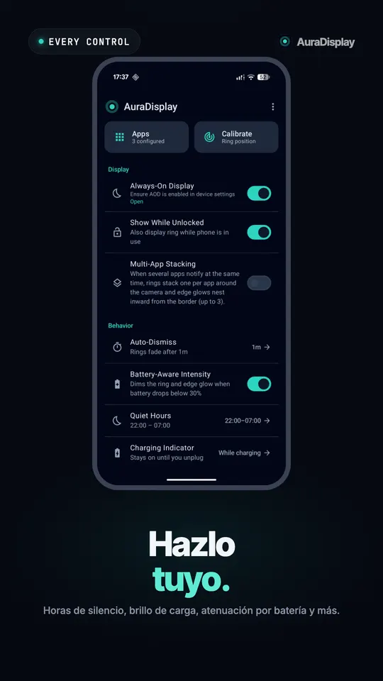 Pantalla principal de AuraDisplay con ajustes de Always On Display, varias apps a la vez, descarte automático, horas de silencio e indicador de carga