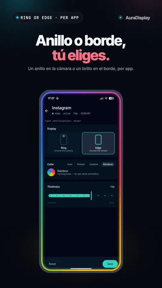 Ajustes de Instagram con Borde elegido en lugar de Anillo, una luz arcoíris por el contorno de la pantalla y un control de grosor