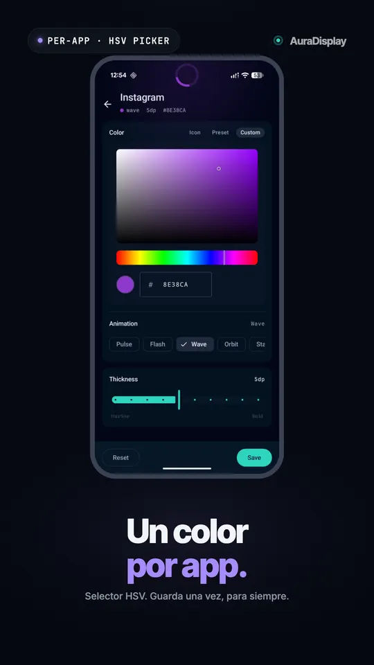 Selector de color personalizado para Instagram con un tono morado elegido y la animación Onda seleccionada