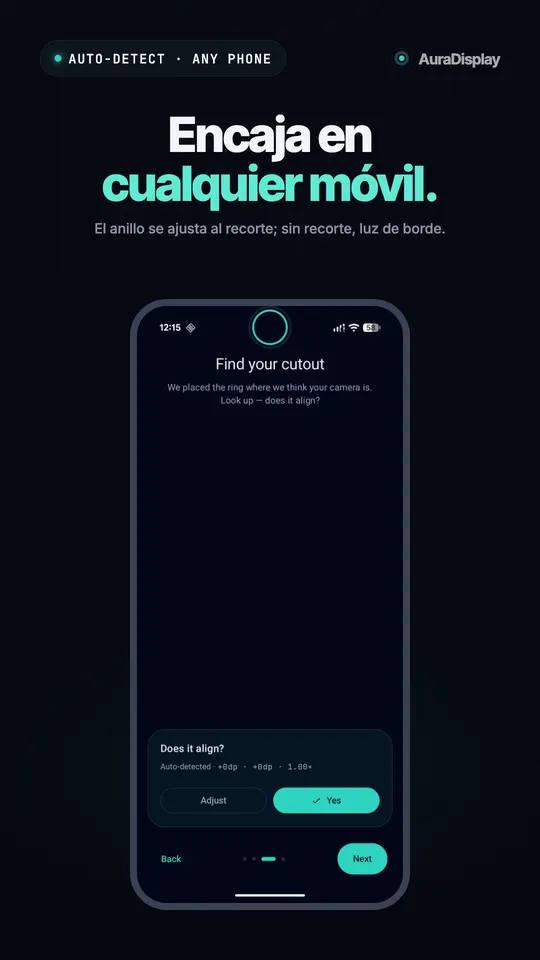 Pantalla de configuración que pregunta si el anillo coincide con el recorte de la cámara, con los botones Ajustar y Sí