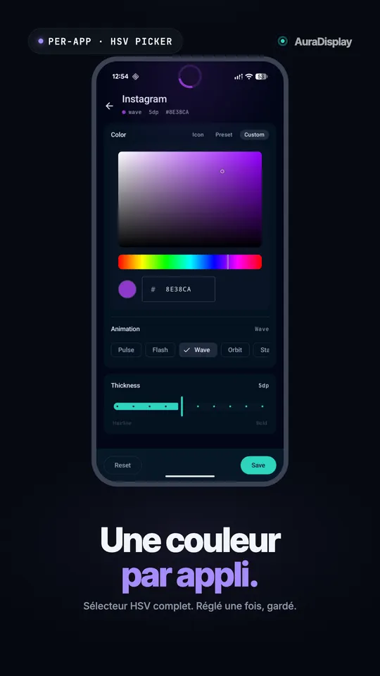 Sélecteur de couleur personnalisée pour Instagram avec une teinte violette et l'animation Wave choisie