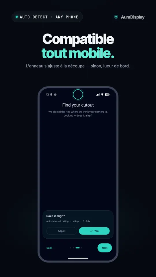 Écran de configuration qui demande si l'anneau est bien aligné sur la caméra, avec les boutons Ajuster et Oui