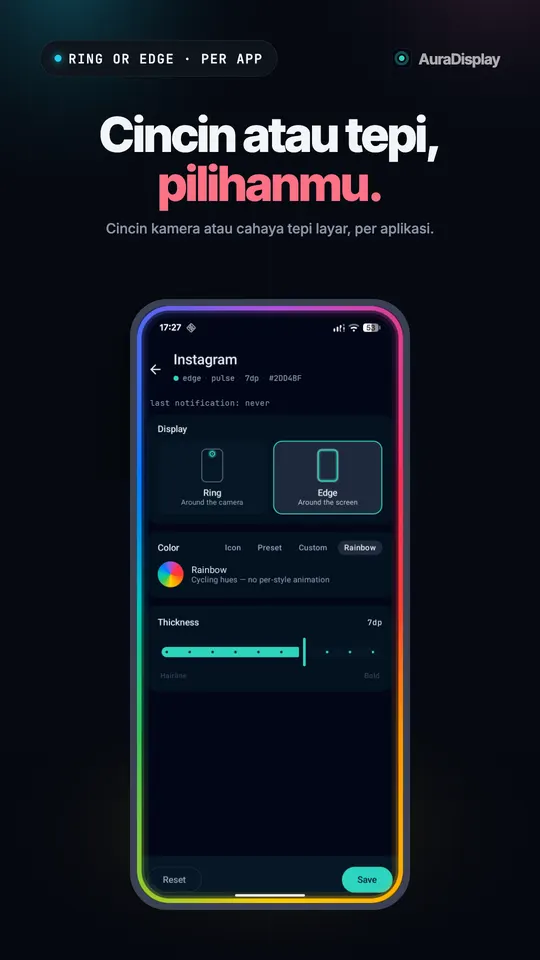 Pengaturan Instagram dengan Edge dipilih alih-alih Ring, cahaya pelangi di tepi layar, dan slider ketebalan