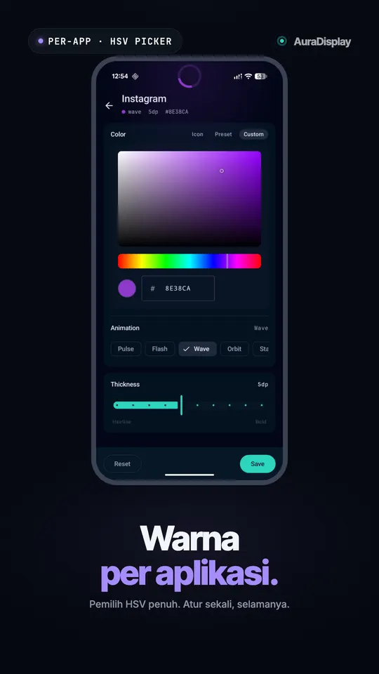 Color picker custom untuk Instagram dengan warna ungu dipilih dan animasi Wave