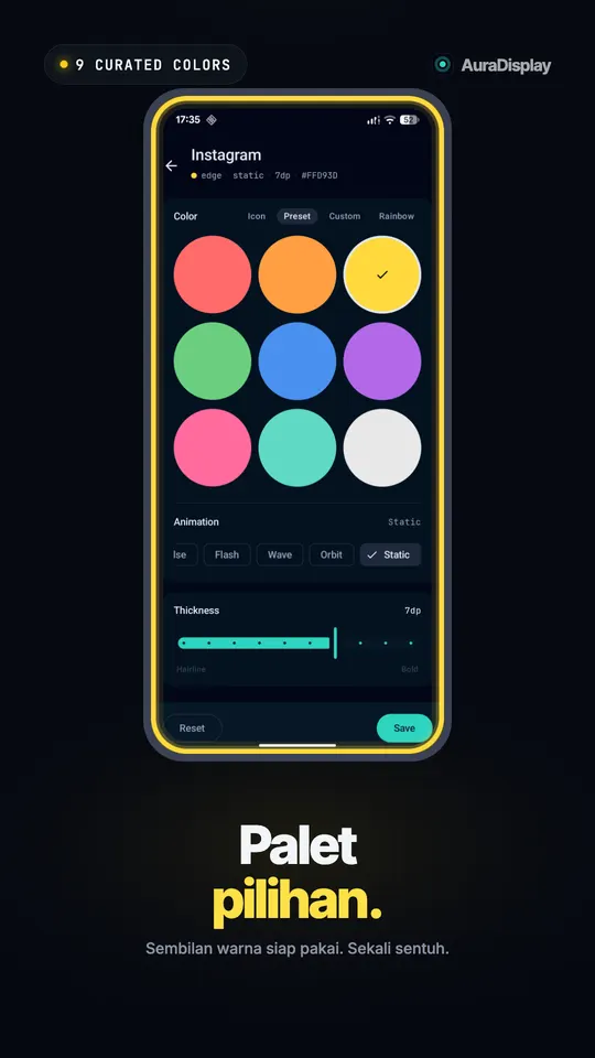 Sembilan contoh warna preset dengan kuning dipilih dan cahaya kuning di sekitar tepi layar