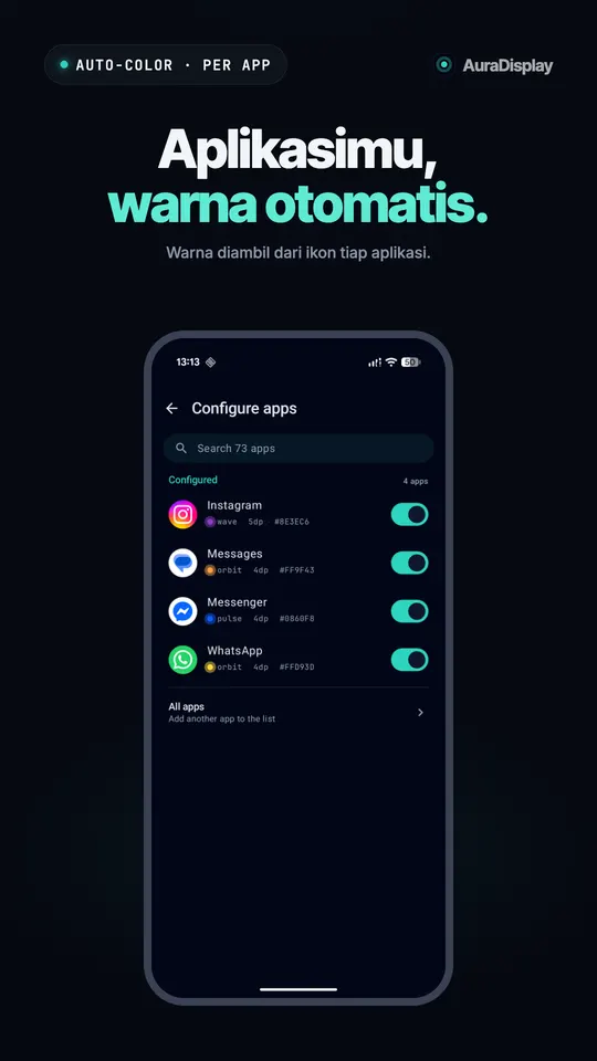 Daftar aplikasi dengan Instagram, Messages, Messenger, dan WhatsApp aktif, masing-masing dengan warna dan animasinya sendiri