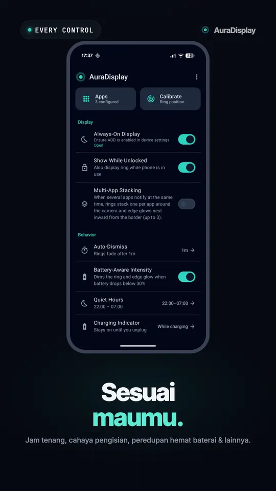 Layar utama AuraDisplay dengan pengaturan Always-On Display, tumpukan multi-aplikasi, auto-dismiss, jam tenang, dan indikator pengisian daya