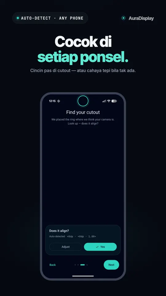 Layar setup yang menanyakan apakah cincin sudah pas dengan lubang kamera, dengan tombol Sesuaikan dan Ya
