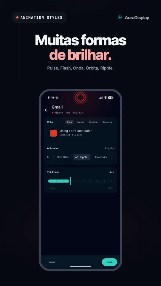 Configurações do Gmail usando o vermelho tirado do ícone, com um anel vermelho ondulando ao redor da câmera
