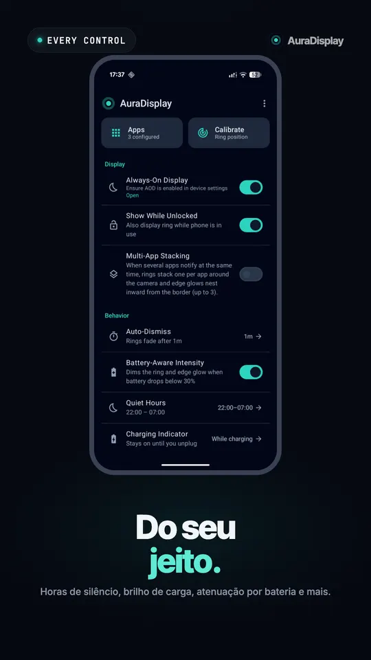 Tela inicial do AuraDisplay com as opções de Always On Display, vários apps, dispensa automática, horário de silêncio e indicador de carregamento