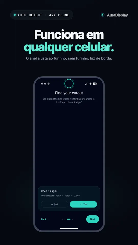 Tela de configuração perguntando se o anel está alinhado com o furinho da câmera, com os botões Ajustar e Sim
