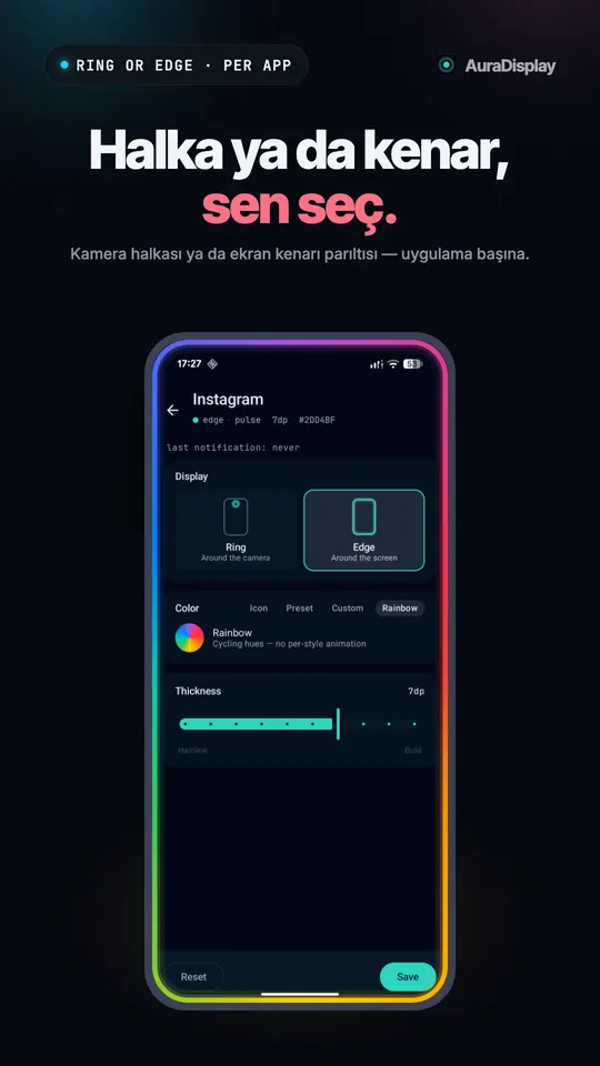 Halka yerine Kenar seçilmiş Instagram ayarları, ekran kenarında gökkuşağı renkli bir ışık ve bir kalınlık kaydırıcısı