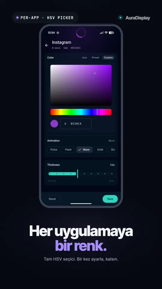 Mor bir ton seçili ve Wave animasyonu seçilmiş Instagram için özel renk seçici