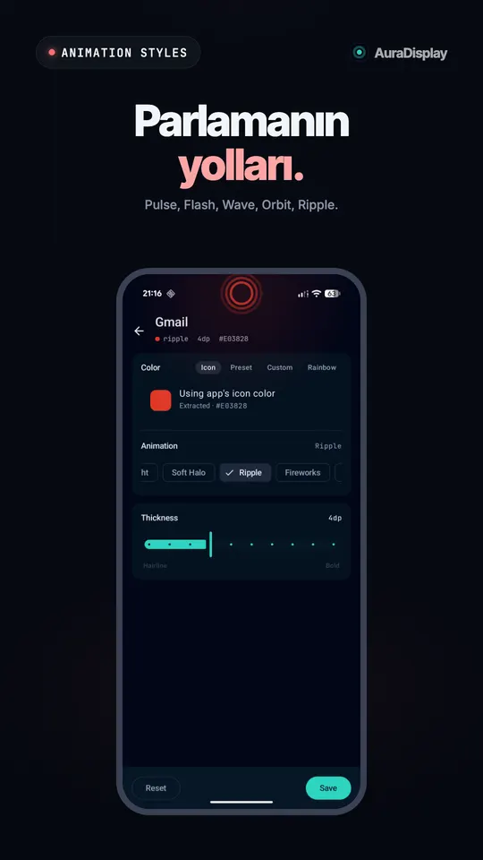 Simgesinden alınan kırmızı rengi kullanan Gmail ayarları, kameranın çevresinde dalgalanan kırmızı bir halka