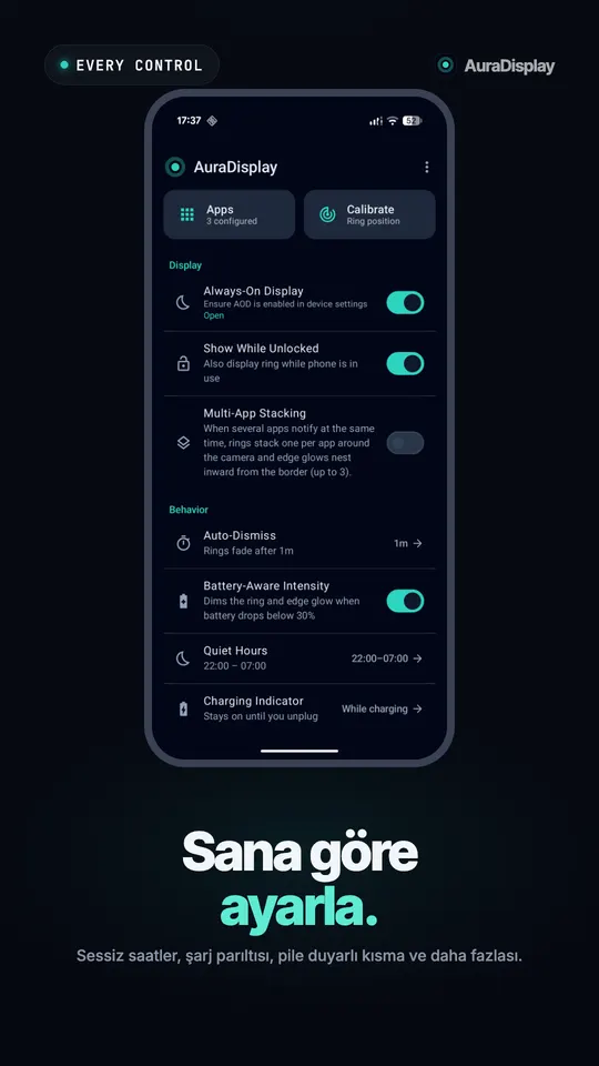 Always On Display, çoklu uygulama, otomatik kapanma, sessiz saatler ve şarj göstergesi ayarlarıyla AuraDisplay ana ekranı