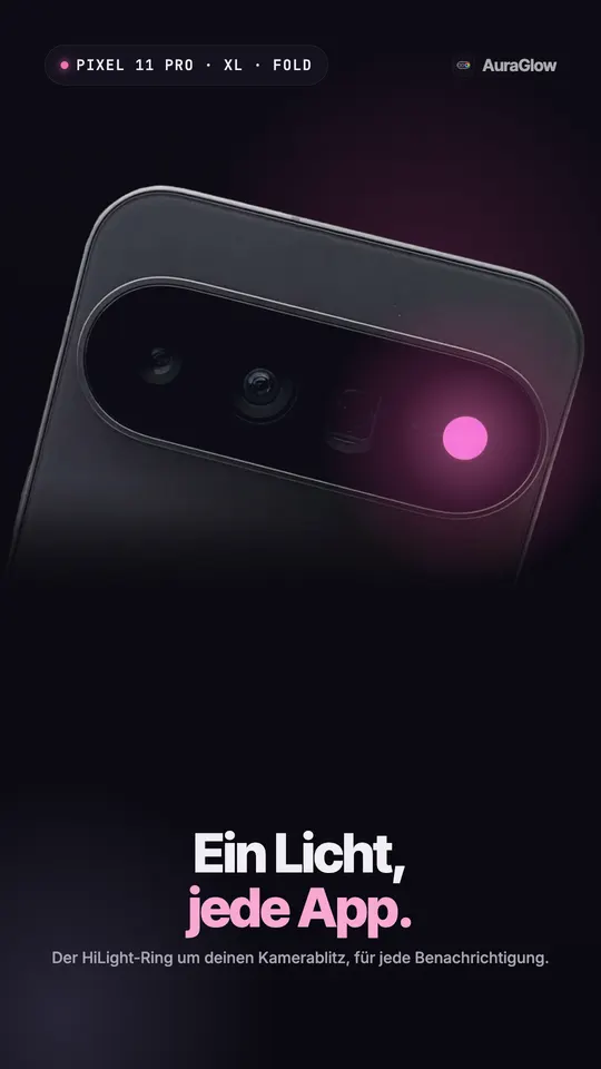 Rückseite eines Pixel 11 Pro mit dem HiLight-Ring neben dem Kamerablitz, der pink leuchtet