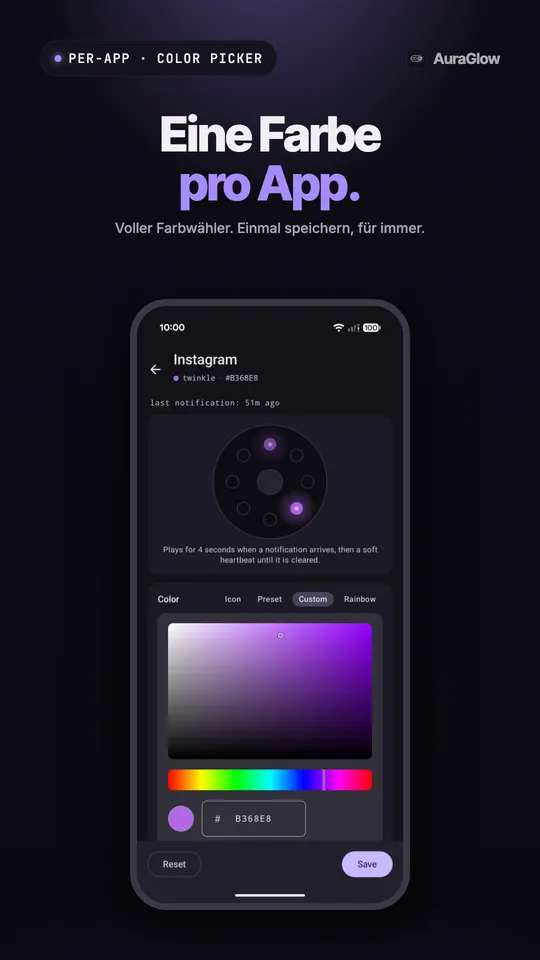 Instagram-Einstellungen mit einer Ringvorschau und einem eigenen Farbwähler auf Lila