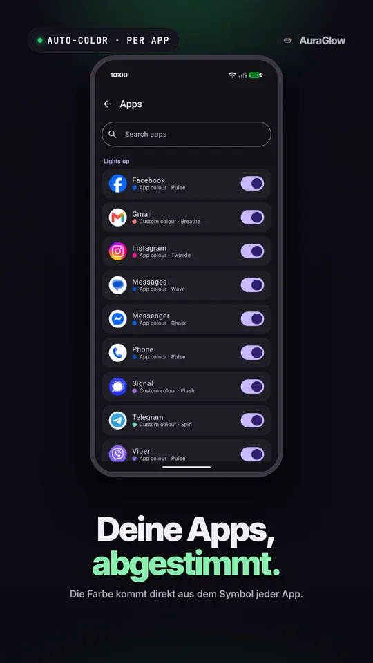 Liste der Apps mit eingeschaltetem Facebook, Gmail, Instagram, Messages, Messenger, Telefon, Signal, Telegram und Viber, jeweils mit Farbe und Muster