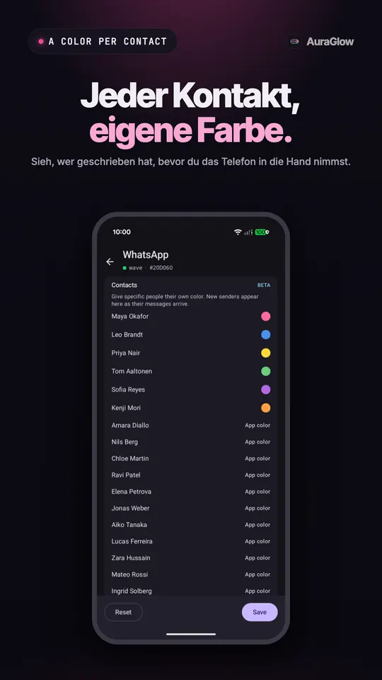 WhatsApp-Kontaktliste mit BETA-Kennzeichnung, einige Personen mit eigenen Farben, die übrigen in der Farbe der App