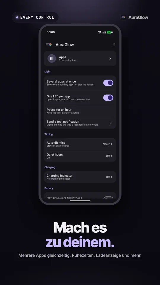 Startbildschirm von AuraGlow mit Einstellungen für mehrere Apps, eine LED pro App, Pause, automatisches Ausblenden, Ruhezeiten und Ladeanzeige
