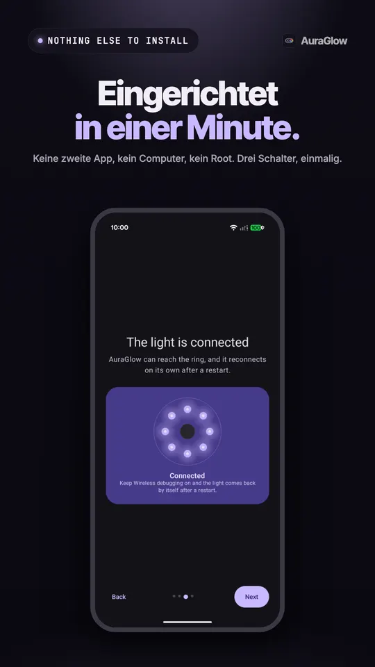 Einrichtungsbildschirm, der bestätigt, dass das Licht verbunden ist, mit allen acht leuchtenden LEDs des Rings
