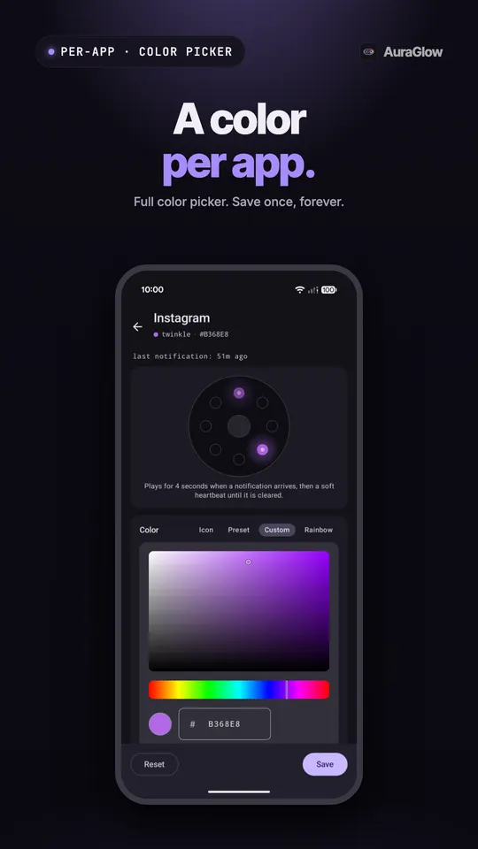 إعدادات Instagram مع معاينة للحلقة ومنتقي ألوان مخصص مضبوط على البنفسجي